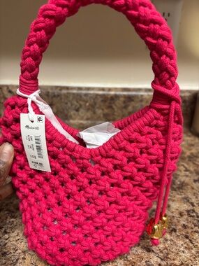 Madewell Hot Pink Braided Crochet Bucket Bag with Gold Accents